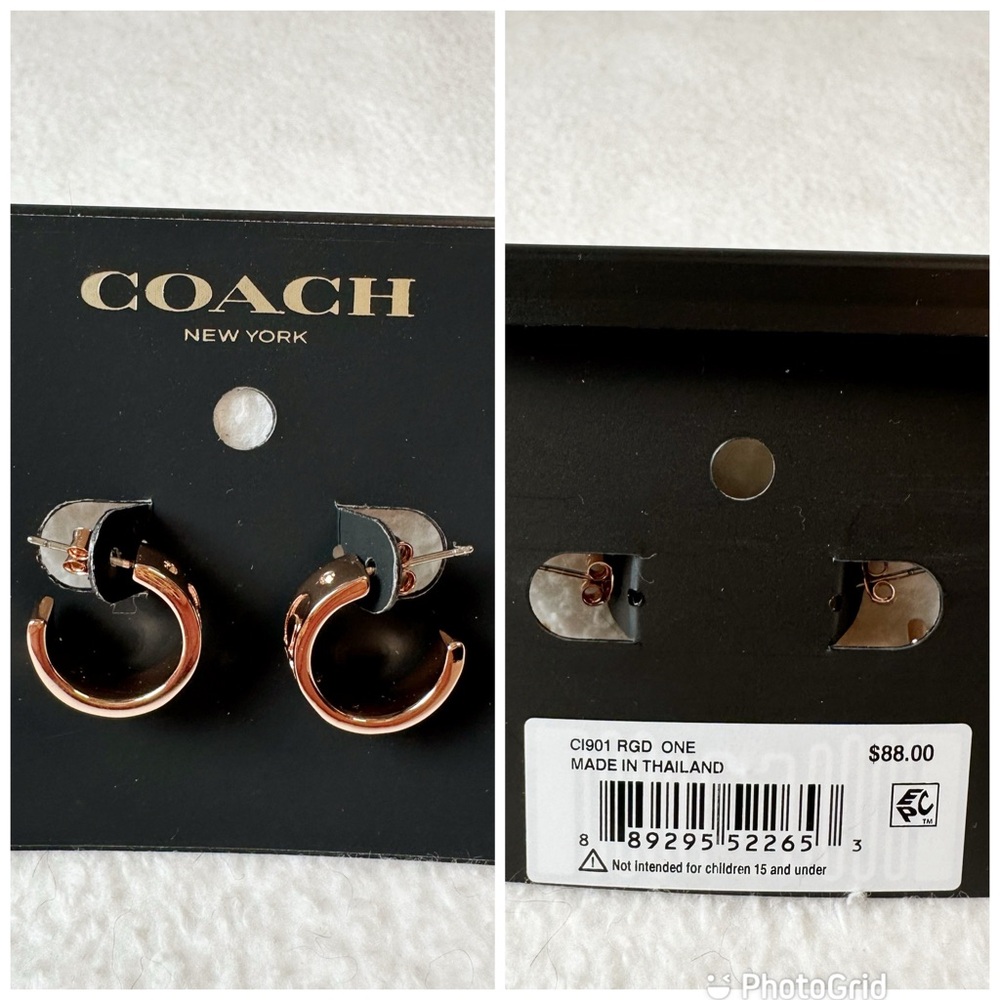 Coach NWT Rose Gold Signature Huggie Earrings Style C1901 Plated Brass Titanium - Picture 9 of 16